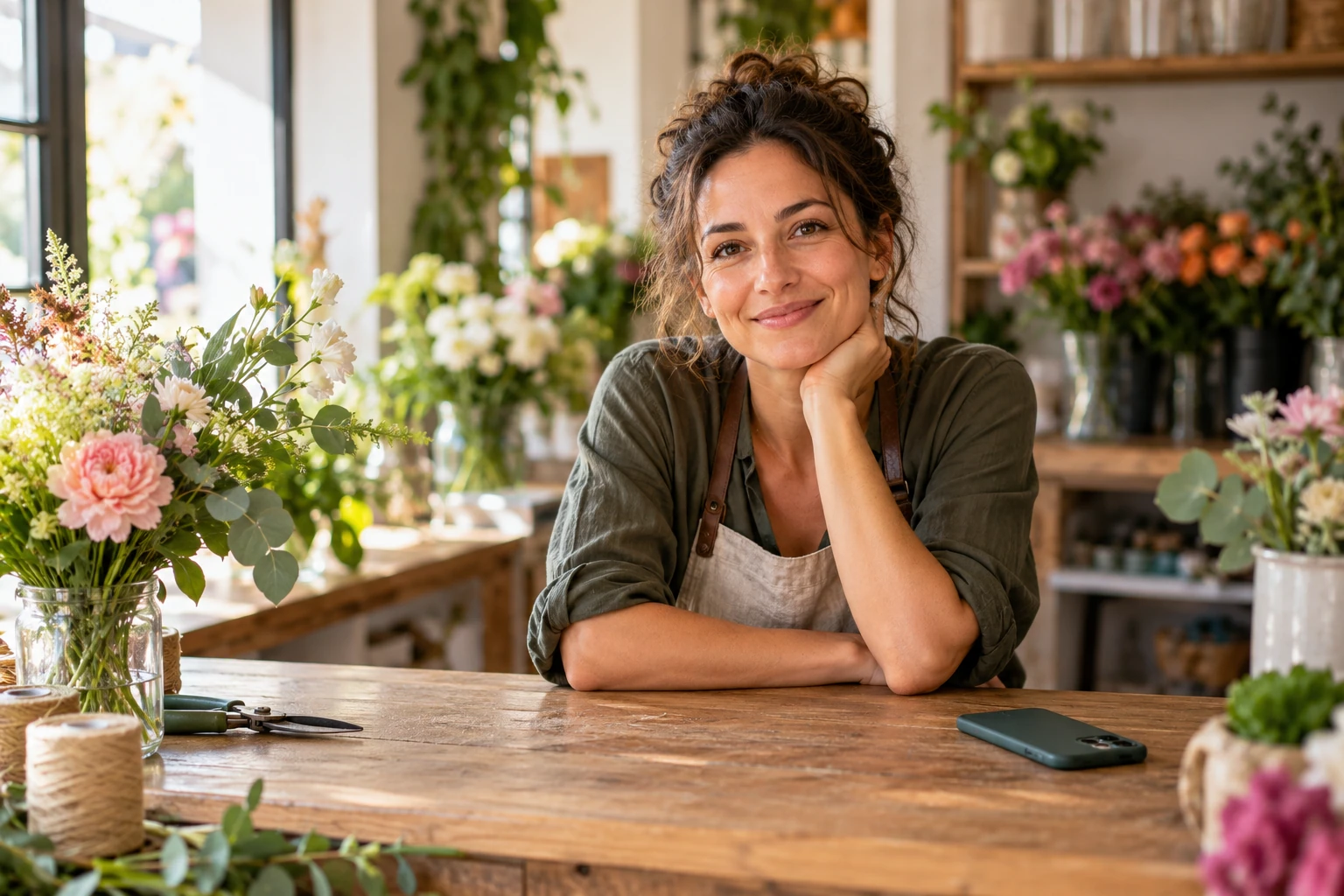Fleuriste souriante appuyée sur un comptoir en bois entourée de bouquets lumineux
