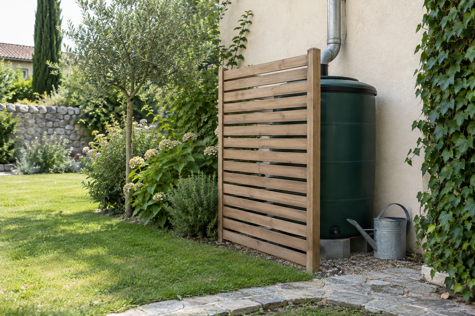 Récupérateur d'eau vert partiellement dissimulé derrière claustra en bois dans jardin verdoyant